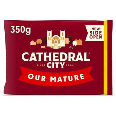Cathedral City - Mature Cheddar - 350g: A classic British cheese from Cathedral City, in a pack with a maroon background and yellow side stripe.