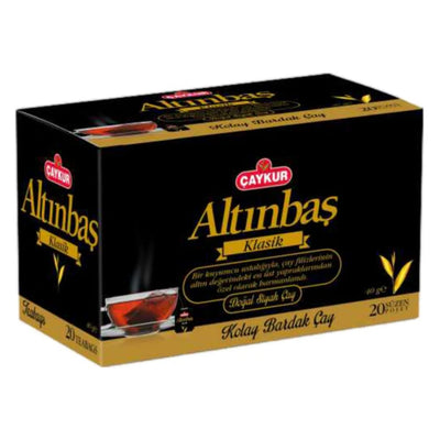 Caykur Altinbas Classic Black Tea 20 Teabags (40g) in black and gold packaging with Turkish text and tea glass images.