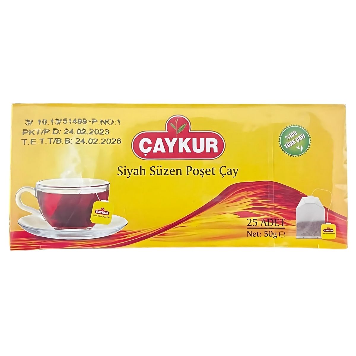 Yellow Caykur "Siyah Süzen Poşet Çay" box featuring a teacup and tea bag image contains 25 aromatic black tea bags, totaling 50g, offering a refreshing beverage choice.