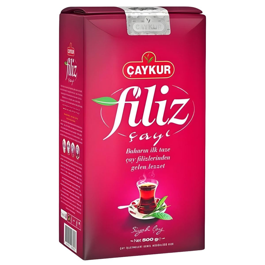 A 500g package of Caykur Filiz Black Tea by Caykur features a glass of Turkish tea and white Turkish text, showcasing this premium blend.