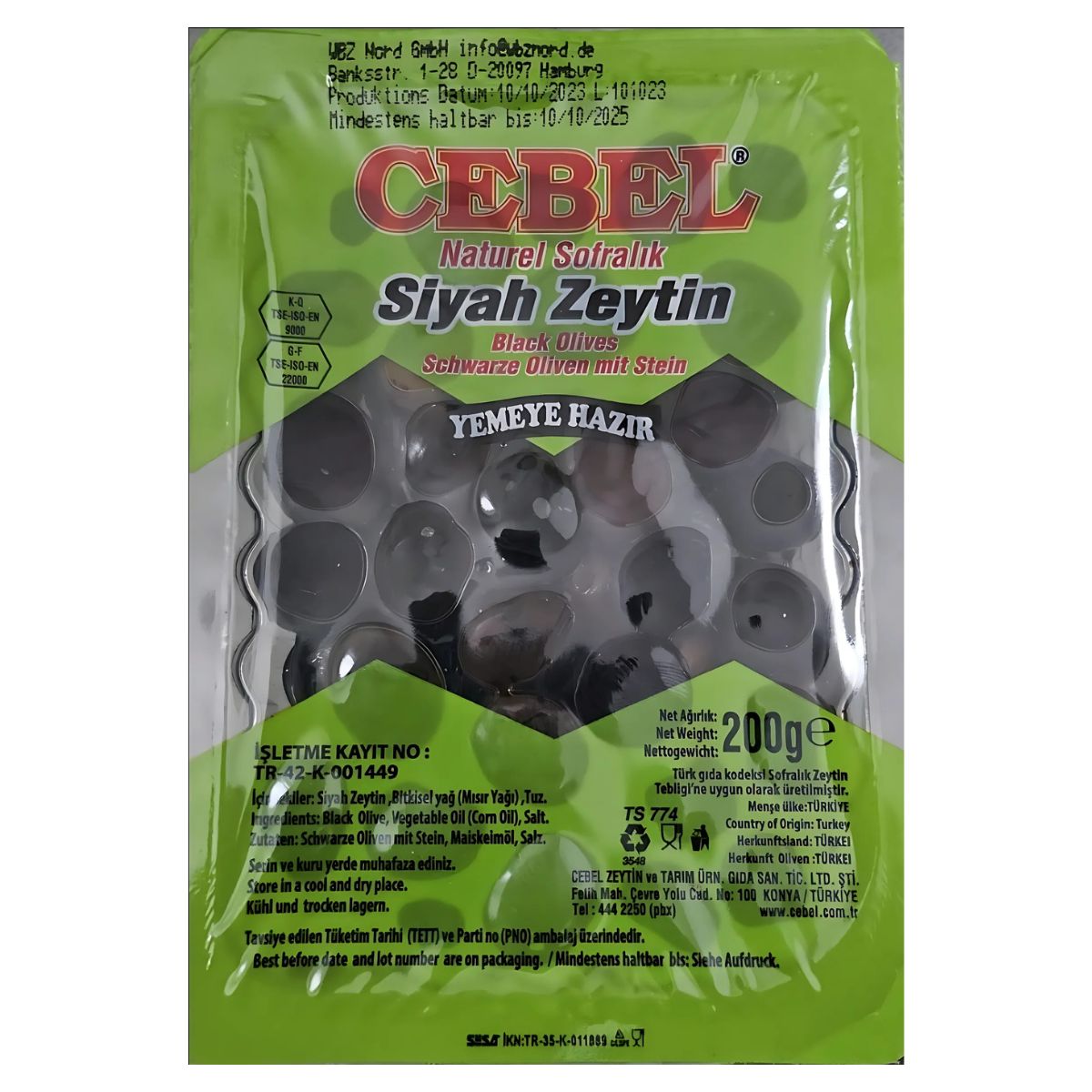 A 200g green vacuum-sealed pack of Cebel - Black Olives with pit, labeled in Turkish, German, and English. Features a clear window to see the olives—ideal for Mediterranean recipes.