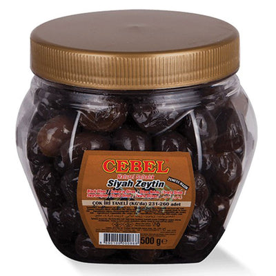 A jar of Cebel - Black Olives Very Coarse Grains - 500g on a white background.