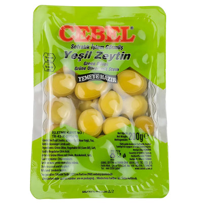 Cebel - Green Olives - 200g are vacuum-sealed and pitted, with labels in Turkish, English, and German. Experience authentic Mediterranean flavor in every bite.