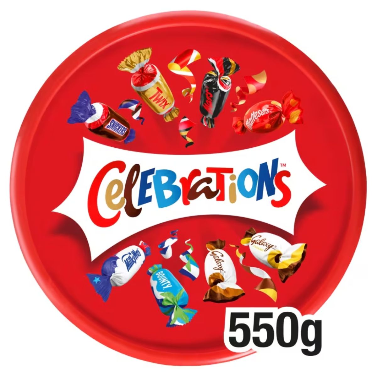 Round red tub of Celebrations, containing an assortment of branded wrapped milk chocolate and biscuit bars such as Mars, Twix, and Snickers. Weighs 550g.