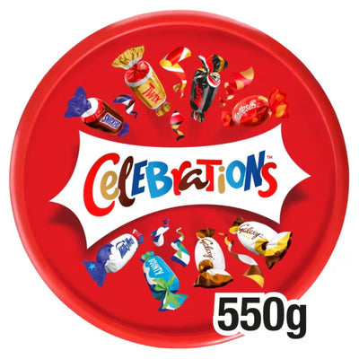 Round red tub of Celebrations, containing an assortment of branded wrapped milk chocolate and biscuit bars such as Mars, Twix, and Snickers. Weighs 550g.