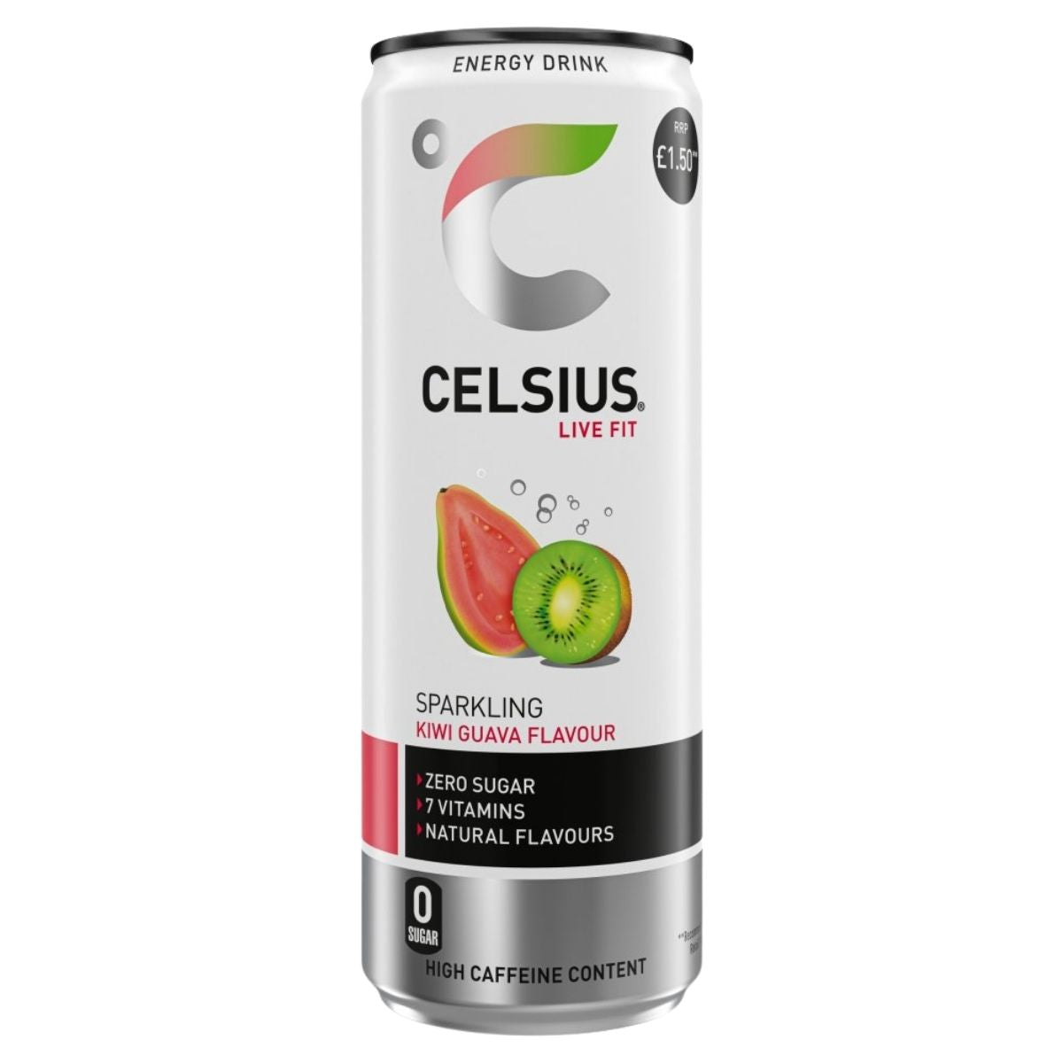 Celsius energy drink can with kiwi and guava illustration on a white background