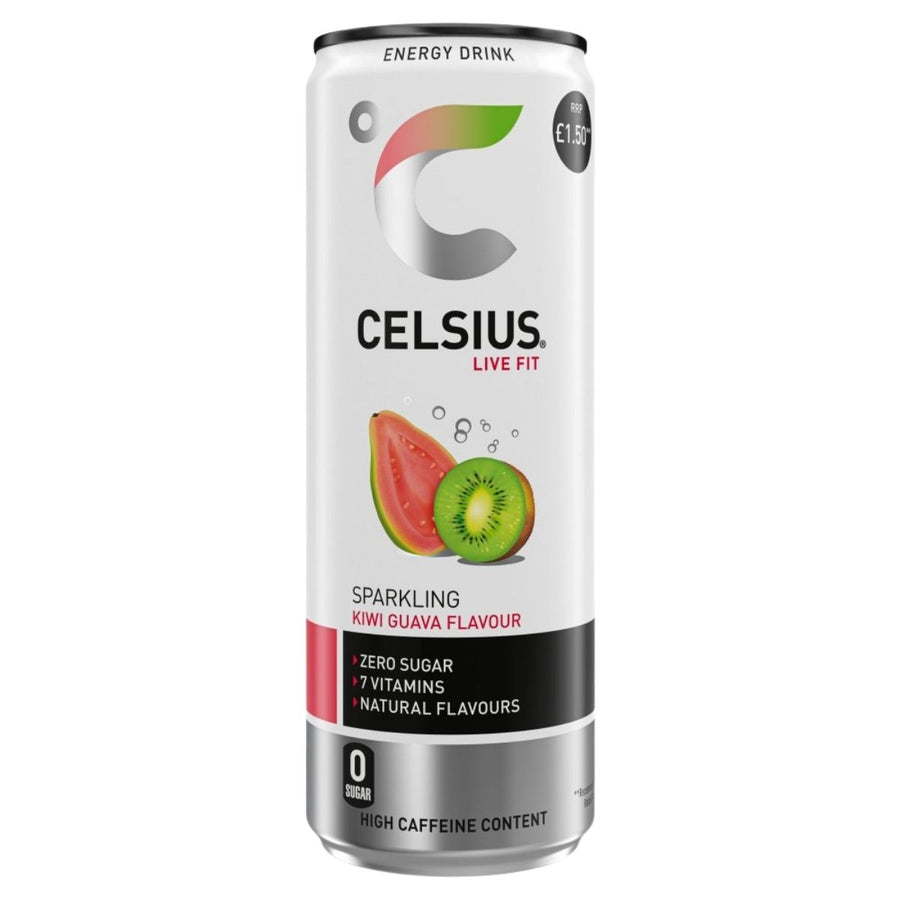 Celsius energy drink can with kiwi and guava illustration on a white background