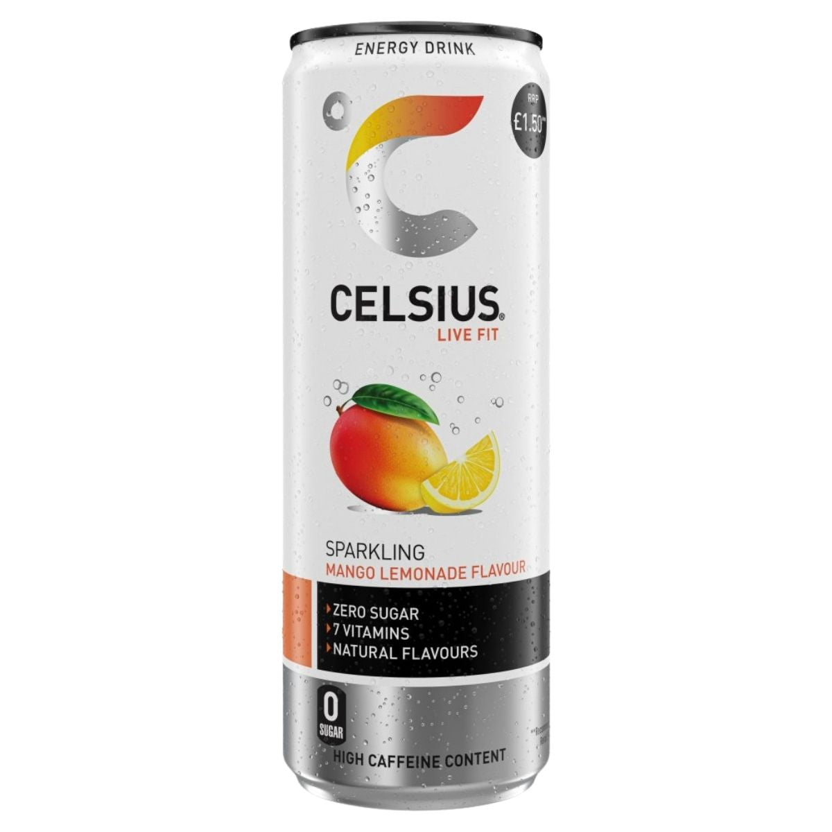 Celsius energy drink can with mango and lemon illustration on a white background