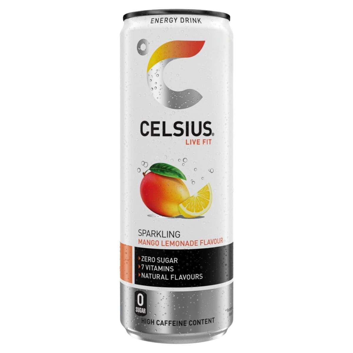 Celsius Sparkling Mango Lemonade Flavour Energy Drink (355ml) is a sugar-free, vitamin-enriched beverage with natural flavors and caffeine, featuring mango and lemon imagery for a refreshing boost.