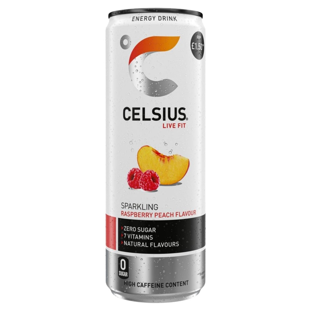 Celsius energy drink can with raspberry and peach graphics on a white background