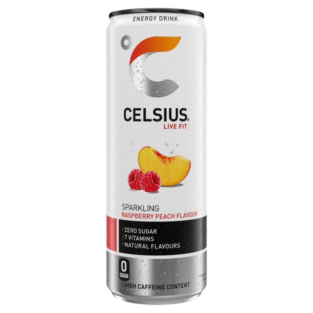 A 355ml can of Celsius - Sparkling Raspberry Peach Flavour Energy Drink features raspberries and a peach slice on a white background, highlighting zero sugar, high caffeine, and natural energy ingredients.