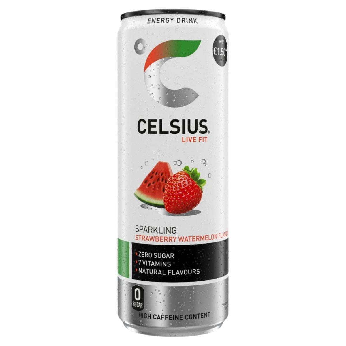 Celsius energy drink can with strawberry and watermelon graphics on a white background