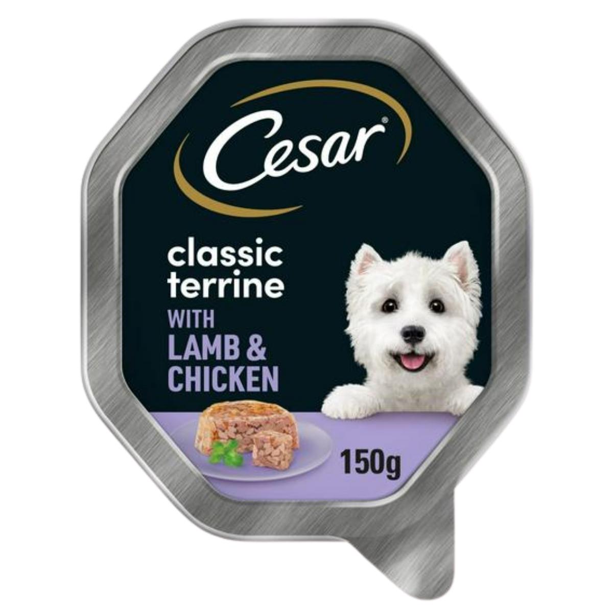 Cesar - Classic Terrine Adult Wet Dog Food, 150g single-serve tray, with lamb and chicken liver flavor; label shows a white dog and food portion.