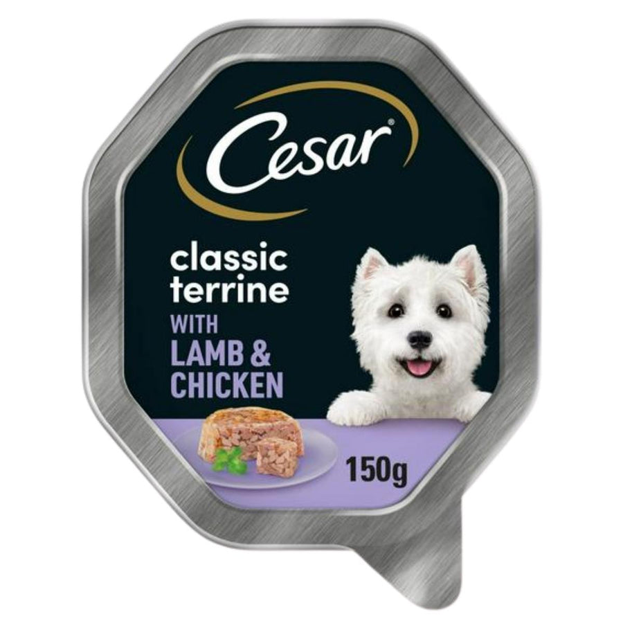 Cesar - Classic Terrine Adult Wet Dog Food, 150g single-serve tray, with lamb and chicken liver flavor; label shows a white dog and food portion.