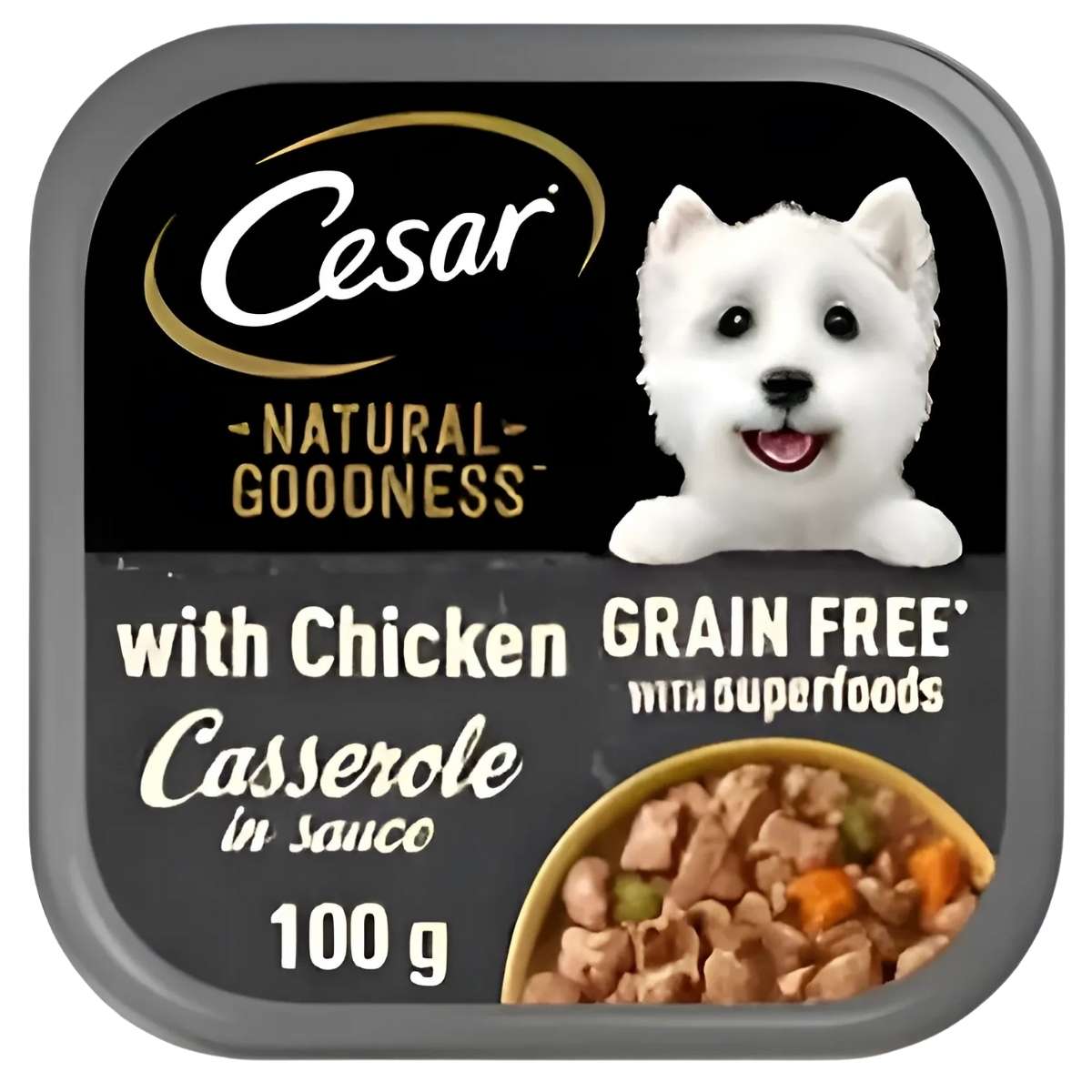 Cesar Dog Food, 100g container featuring a West Highland White Terrier, provides a grain-free chicken casserole with superfoods like courgettes and blueberries.