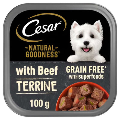 Cesar's Terrine Dog Food features a white dog on its packaging and contains beef, green beans, carrots, and blueberries. Each 100g serving offers a delightful taste experience for your furry friend.