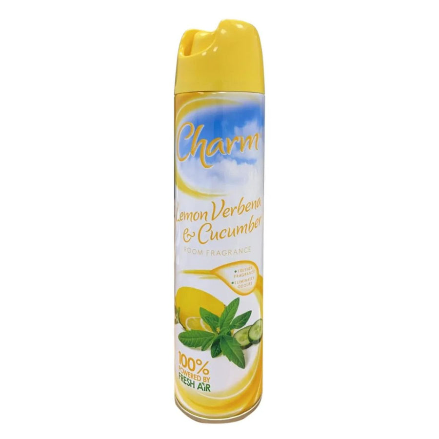 A bottle of Charm - Air Freshener Spray Lemon Verbena & Cucumber - 240ml on a white background.
