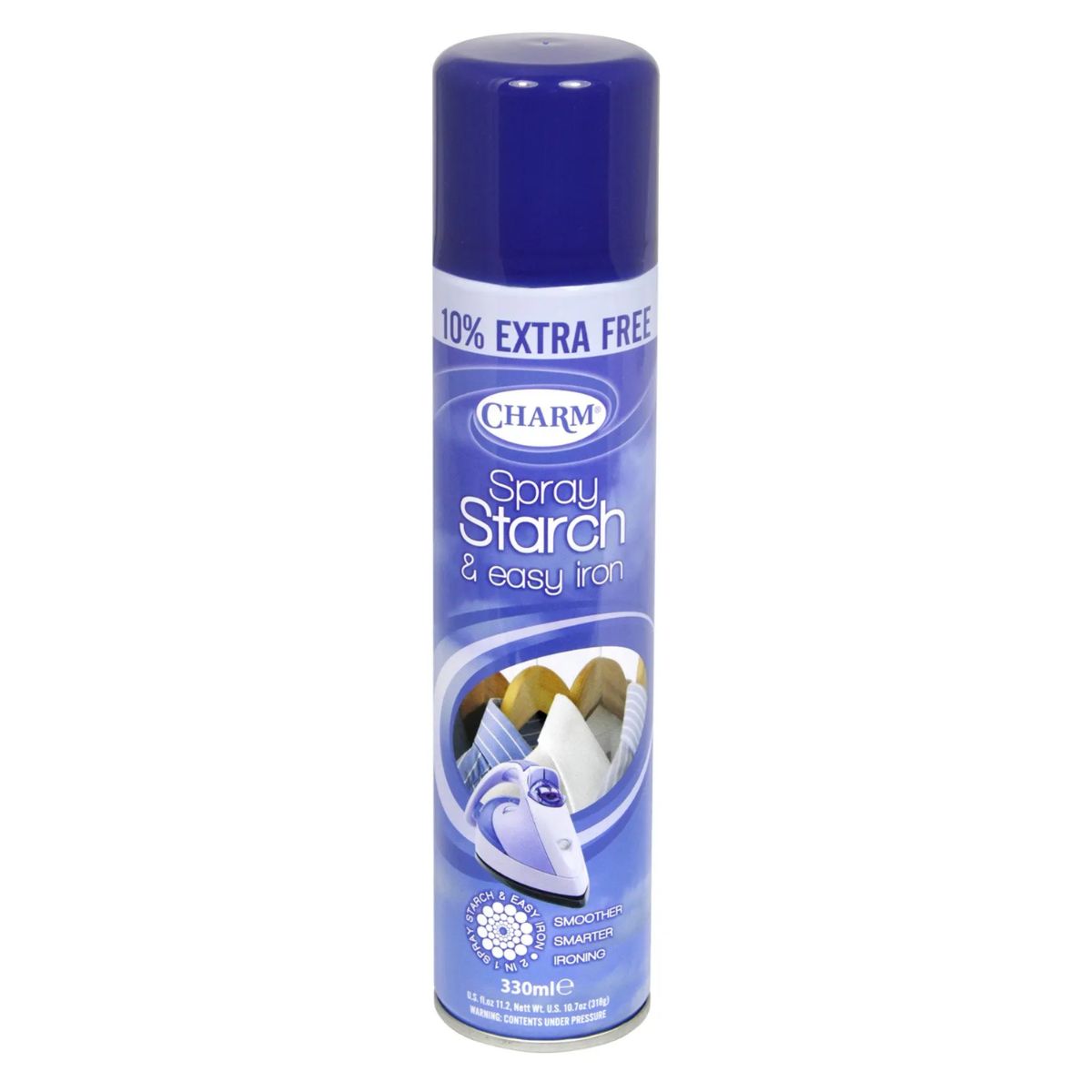 A bottle of Charm - Spray Starch & Easy Iron - 330ml on a white background.