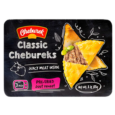A 249g pack of Cheburek's Classic Chebureks shows a cut-open pastry with juicy meat, labeled "Juicy Meat Inside" and "Pre-fried, just reheat.
