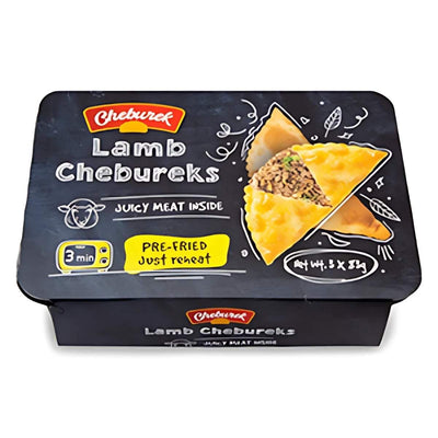 The Cheburek - Lamb Chebureks pack (3 x 83g) offers a gourmet experience with "Juicy Lamb Filling Inside" and "Pre-Fried Just Reheat," featuring an image of the savory dish.