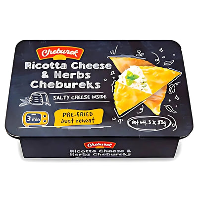 Rectangular package of Cheburek - Ricotta Cheese & Herbs Chebureks features a product image, preparation instructions, and the weight of 249g printed on the box.