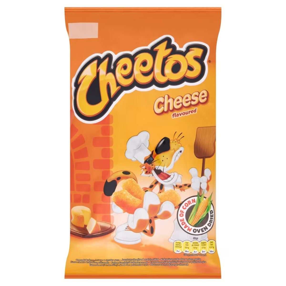 A 130g bag of Cheetos Cheese Flavoured Crisps showcasing the Cheetos mascot and cheese puffs on an orange background.