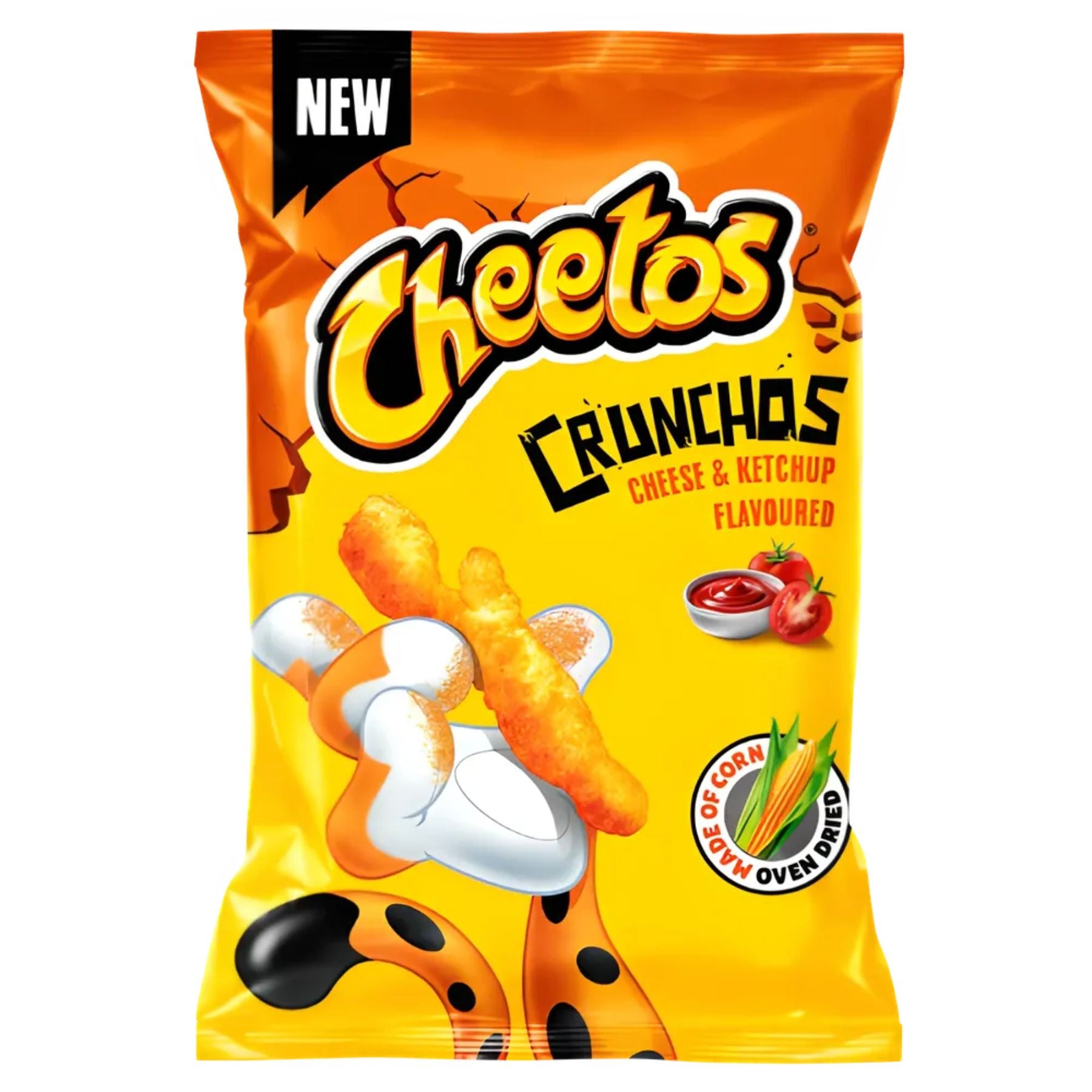 A 165g bag of Cheetos - Cheese & Ketchup Crunchos Chips, featuring a cartoon paw holding snacks and images of cheese, ketchup, and corn on the packaging.