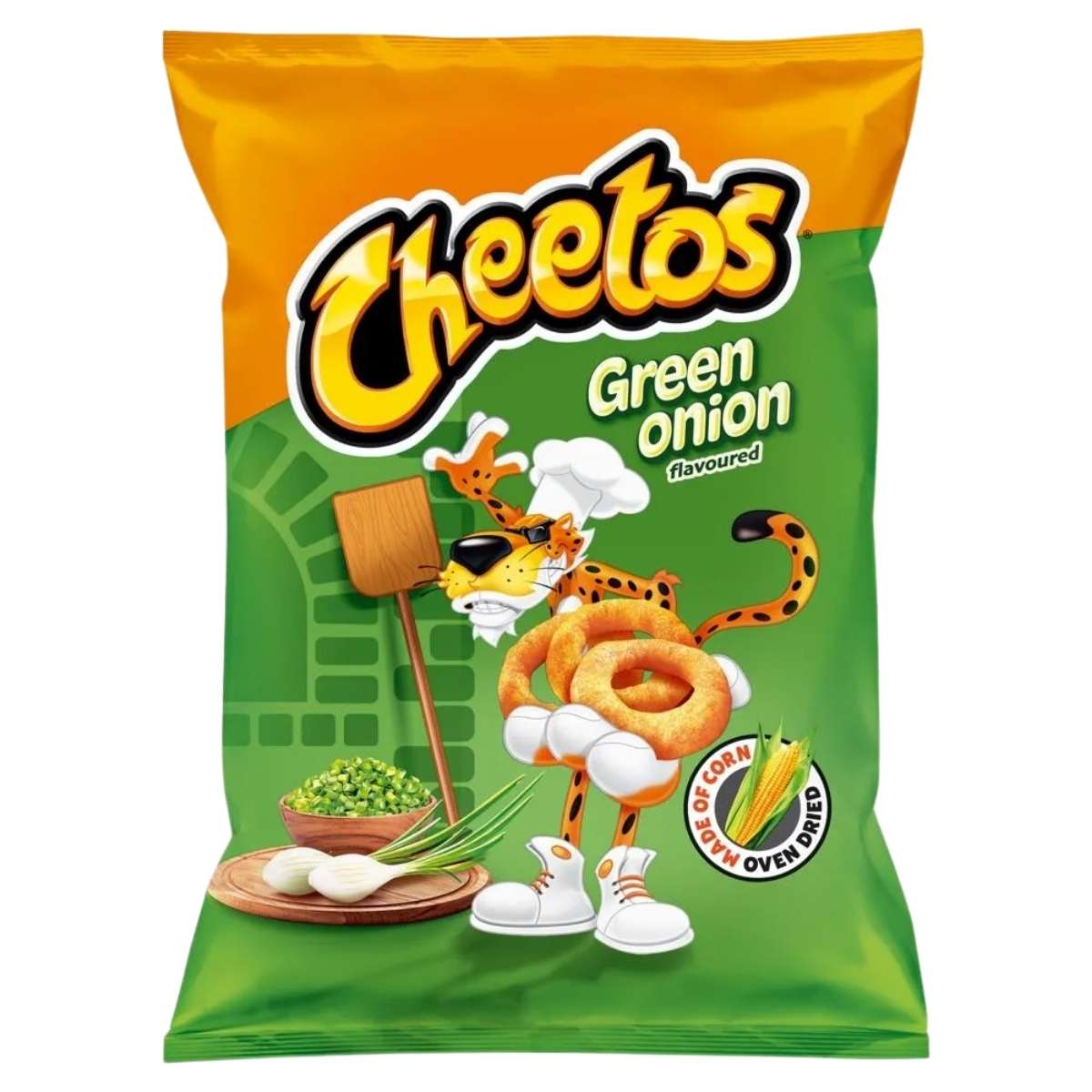Cheetos Green Onion flavored snack packet with cartoon character on a white background