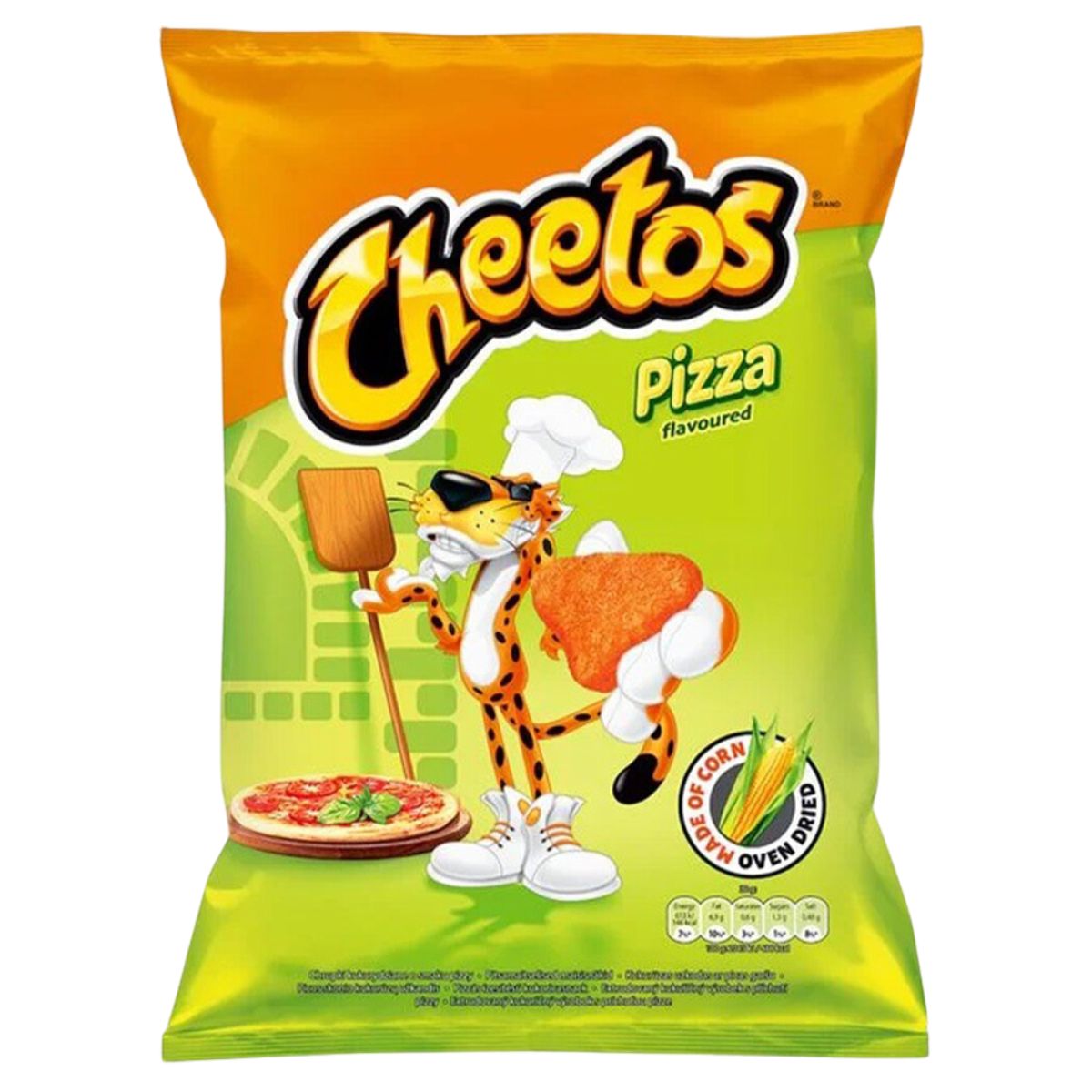 A 160g bag of Cheetos Pizza Flavoured Crisps featuring a cheetah holding a slice and a pizza graphic on a green and yellow background.