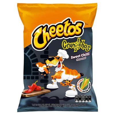 A bag of Cheetos Sweet Chilli Crunchos Chips showcasing an illustration of a cheetah eating spicy chips, accompanied by images of red chili peppers.