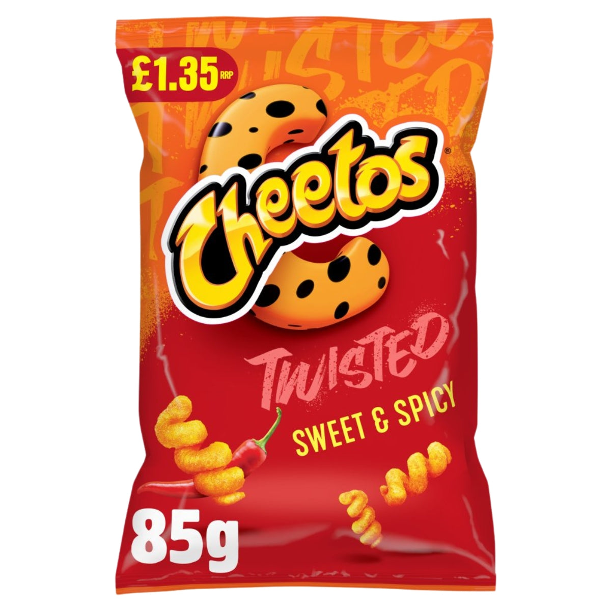 Cheetos Twisted Sweet & Spicy snack packet on a white background