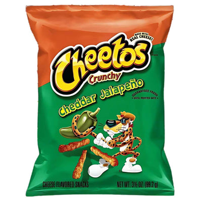 A 226.8g bag of Cheetos Cheddar Jalapeno Crunchy Crisps, featuring bold jalapeño graphics and the classic Cheetos mascot on the packaging.