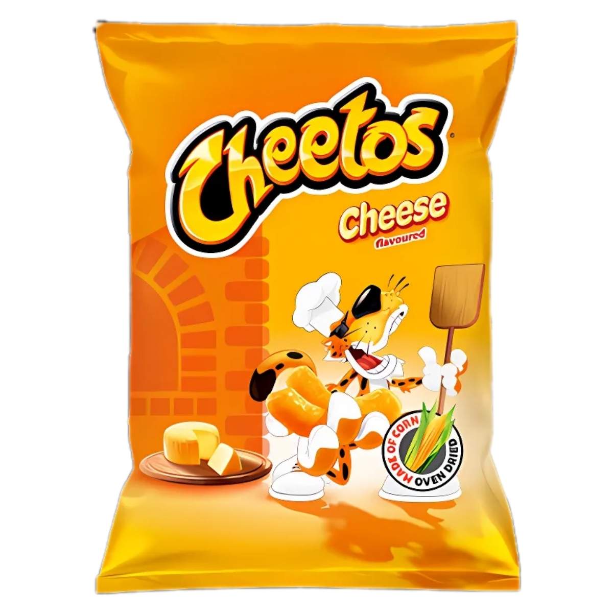 A 165g bag of Cheetos - Cheese Flavoured Crisps boasts a cartoon character in a chef's hat, proudly holding real cheese. The vibrant orange background highlights the "made with corn" label, making this snack irresistibly cheesy and fun.