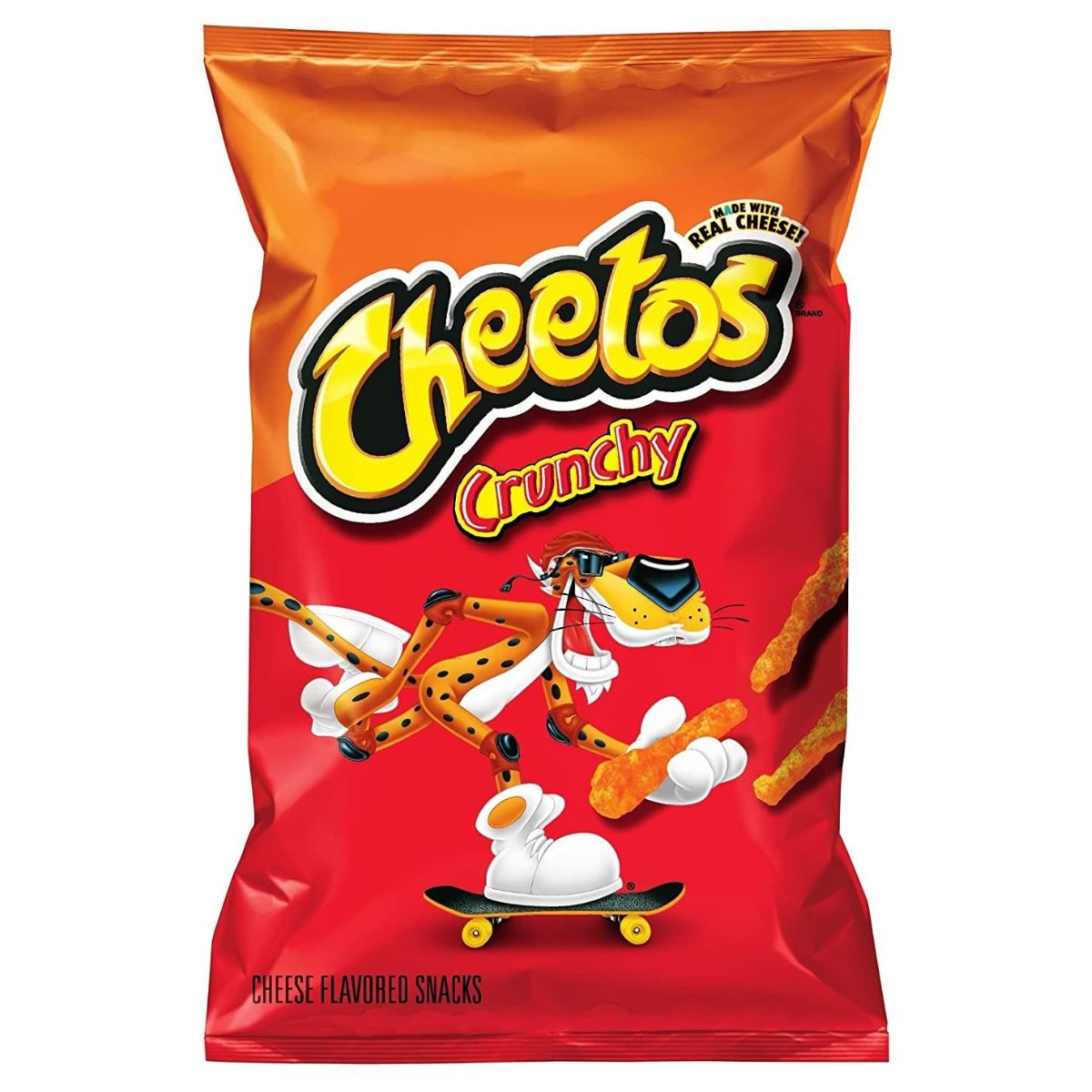 A 226.8g bag of Cheetos Crunchy Crisps featuring Chester Cheetah skateboarding on the front.