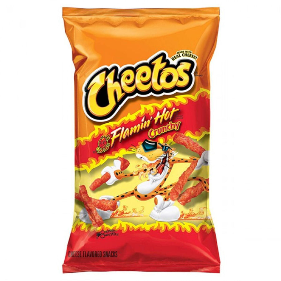A 226.8g bag of Cheetos Flamin Hot Crunchy Crisps featuring images of the spicy snack, signature red-orange seasoning, and the Cheetos cheetah mascot on the packaging.