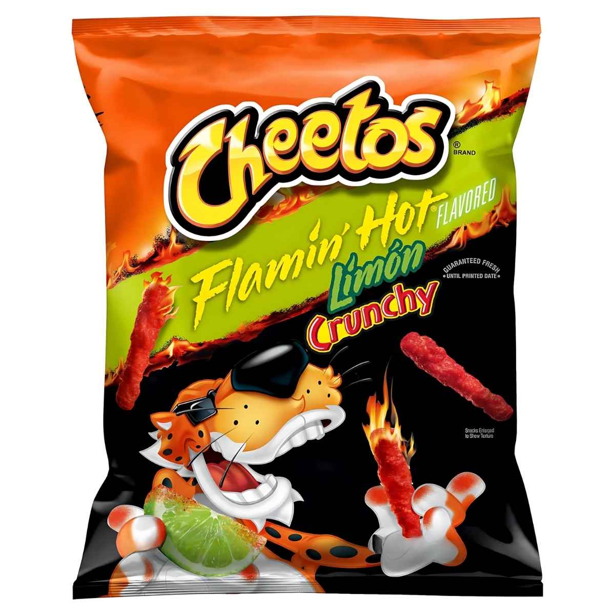 Cheetos - Flamin Hot Crunchy Lemon Crisps 226.8g bag features spicy, bold lime-flavored crisps with the Cheetos mascot and fiery lemon-themed packaging.