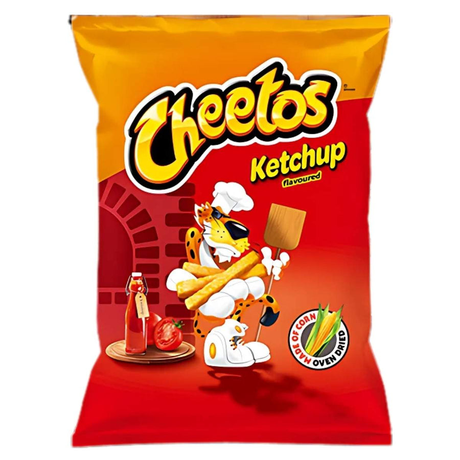 The packaging of the 165g Cheetos Ketchup Flavoured Corn Crisps features a lively cartoon cheetah enthusiastically holding fries, complemented by vivid images of tomatoes and a ketchup bottle, all hinting at an enticing ketchup aroma.