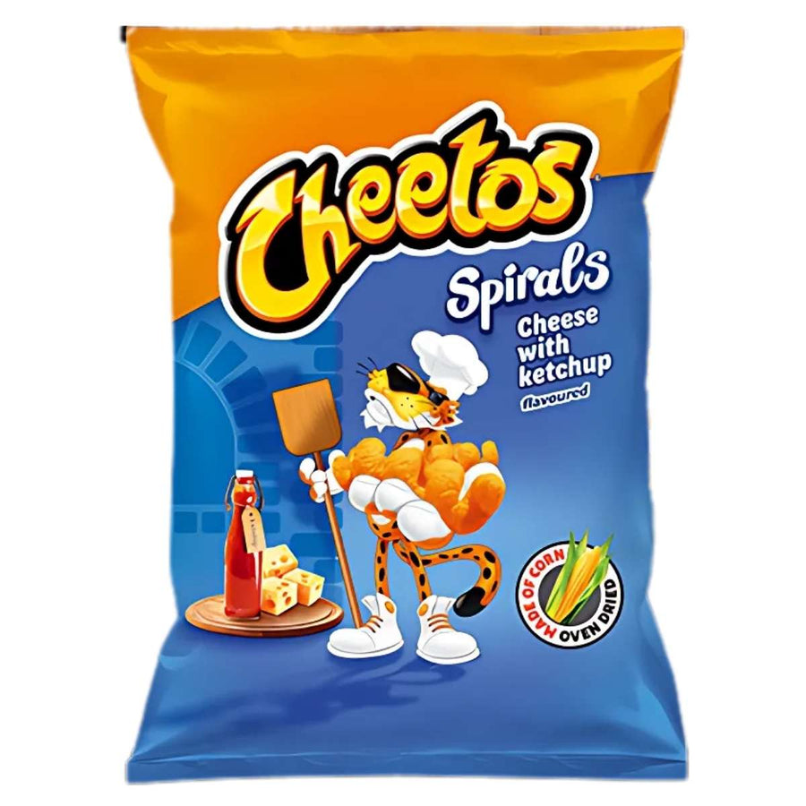 A 145g bag of Cheetos - Potato Spirals Cheese with Ketchup Flavoured Crisps showcases a playful cartoon cheetah amidst cheese spirals and a ketchup bottle, delivering an irresistible treat with an energetic blend of fats and carbs.