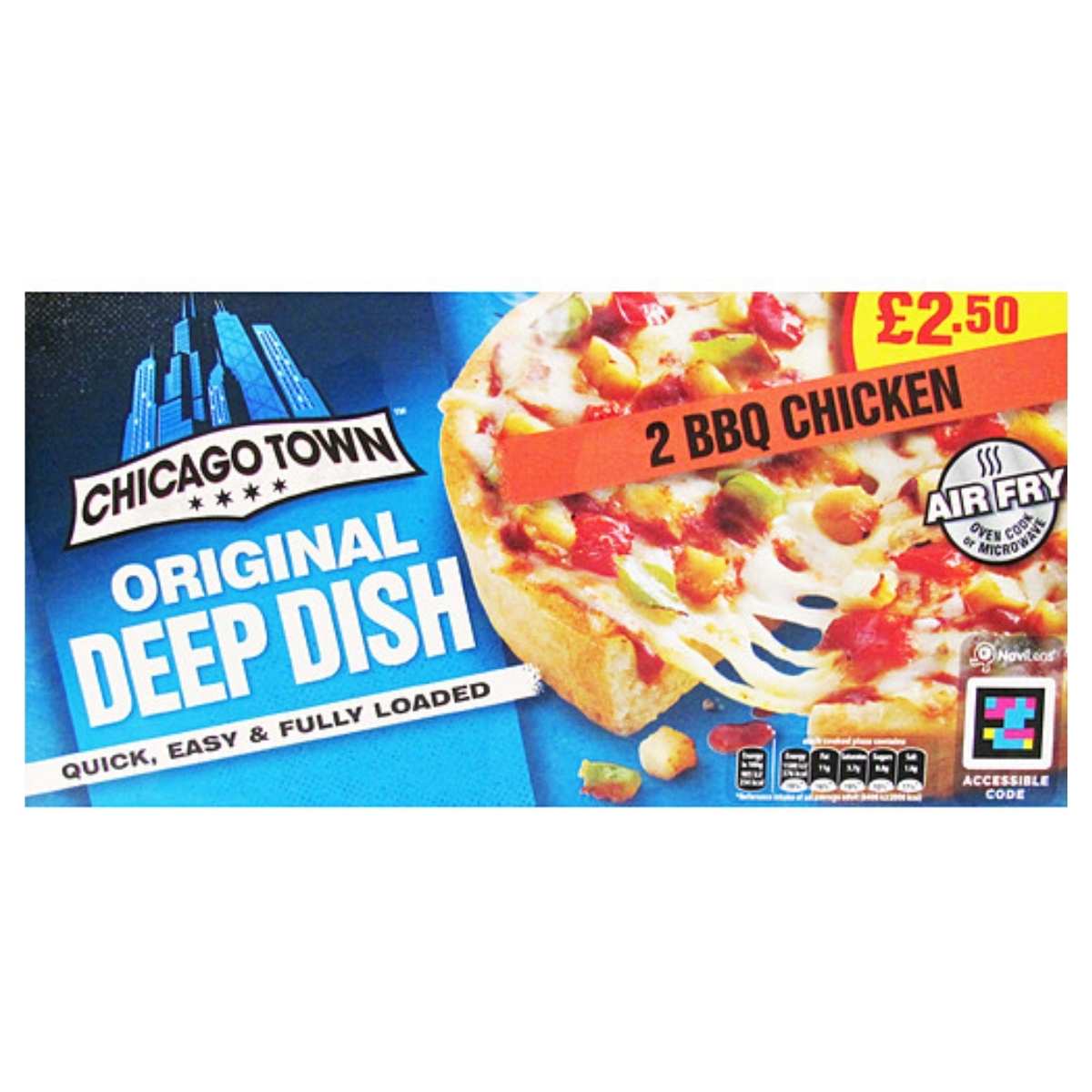 Chicago Town - Original Deep Dish BBQ Chicken Pizza (2 x 160g) box features air fry instructions and a £2.50 price tag on a blue background.