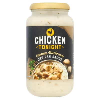 Chicken Tonight - Creamy Mushroom One Pan Sauce 500g comes in a jar with a yellow lid and features an image of creamy mushroom sauce on the label; made with natural ingredients, it’s perfect for tasty family meals.