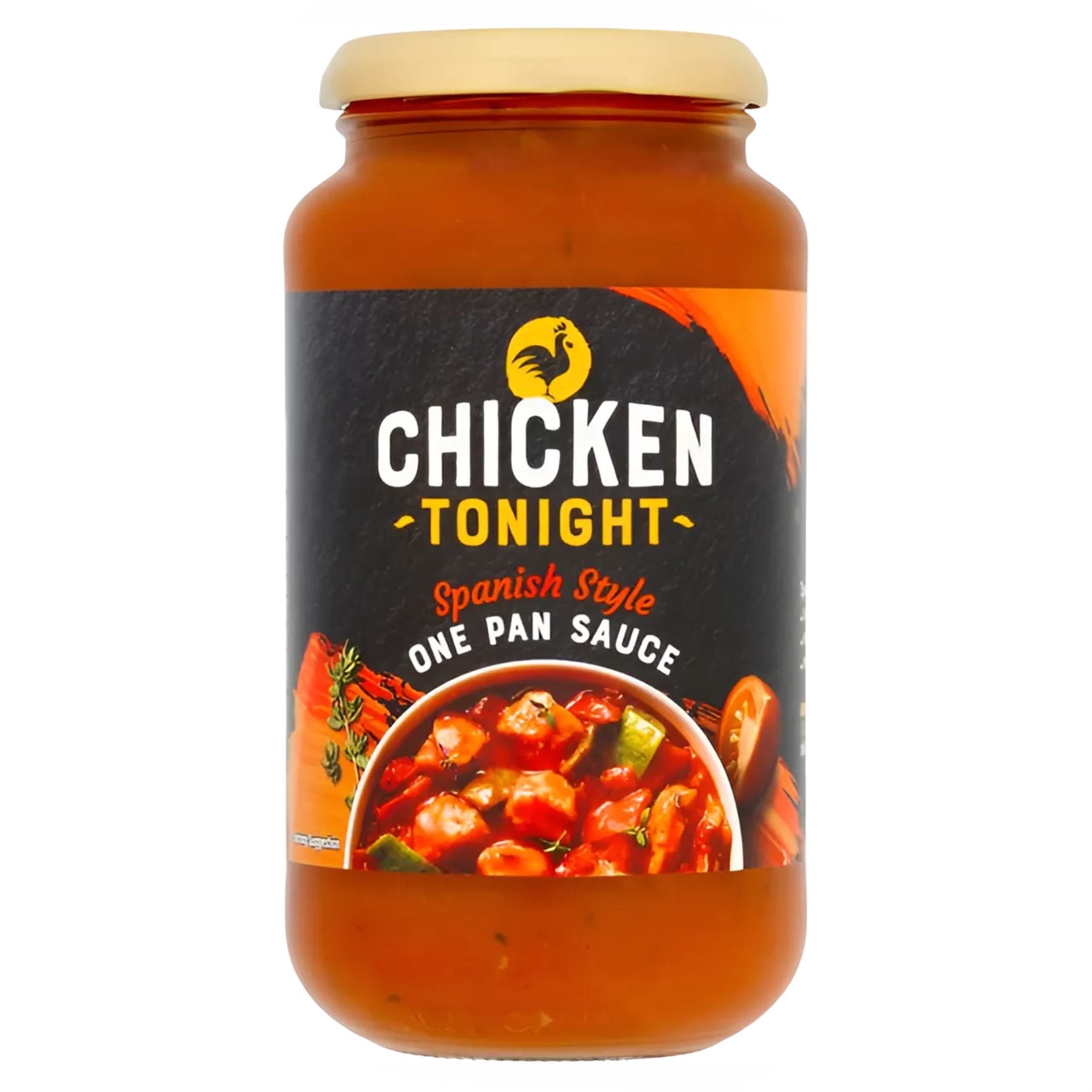 A 500g jar of Chicken Tonight Spanish Style One Pan Sauce with a beige lid and a label showing tomatoes, herbs, and a bowl of sauce.