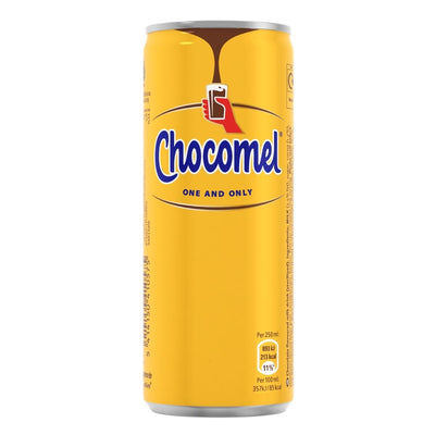 A 250ml can of Chocomel Chocolate Milk Drink with blue and white branding, featuring nutritional information and offering a creamy taste in every sip.