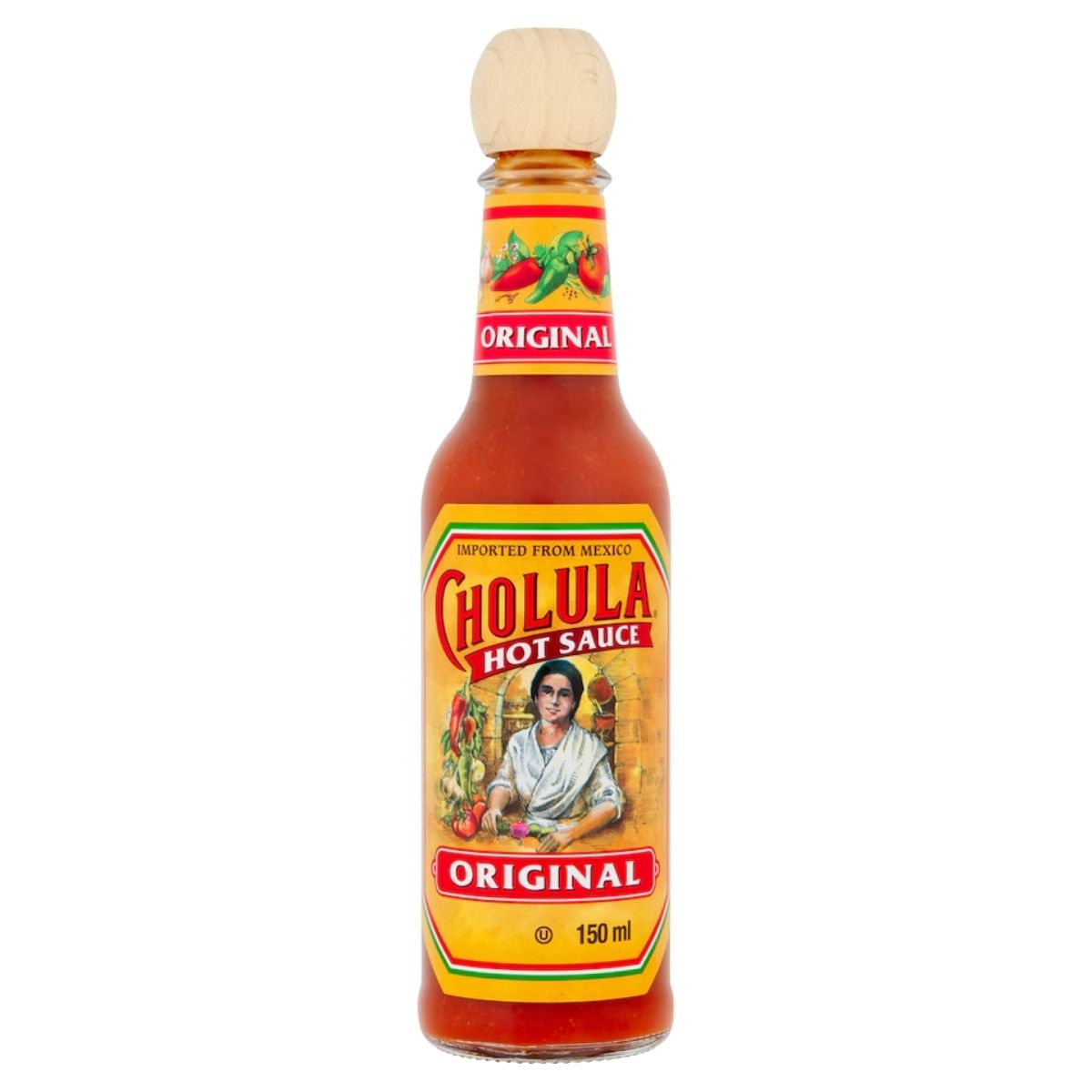 Bottle of Cholula hot sauce with a colorful label on a white background
