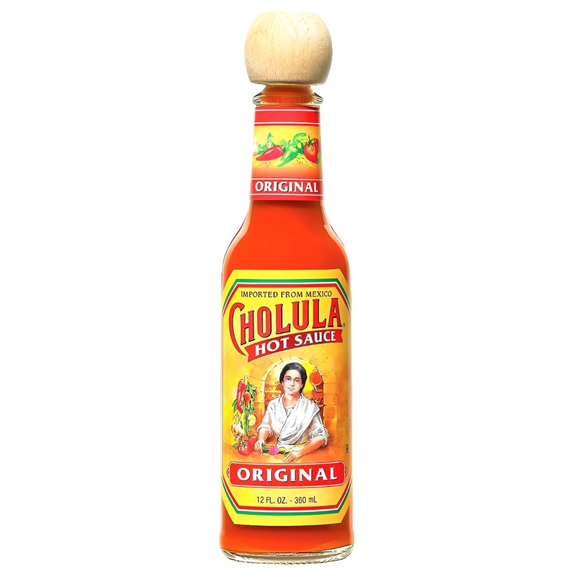 The 360ml Cholula Original Hot Sauce bottle features a unique wooden cap and a colorful label with a woman and spicy peppers, making it the ideal addition to enhance your dishes.