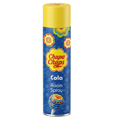 A 300ml blue Chupa Chups - Cola Room Spray with a yellow cap, colorful floral label, and the Chupa Chups logo.