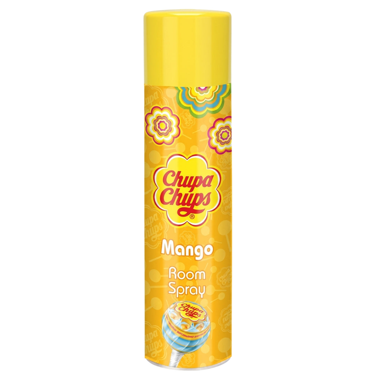 A 300ml yellow aerosol can of Chupa Chups Mango Room Spray, featuring vibrant patterns and the iconic Chupa Chups logo, designed in the recognizable style of the brand.