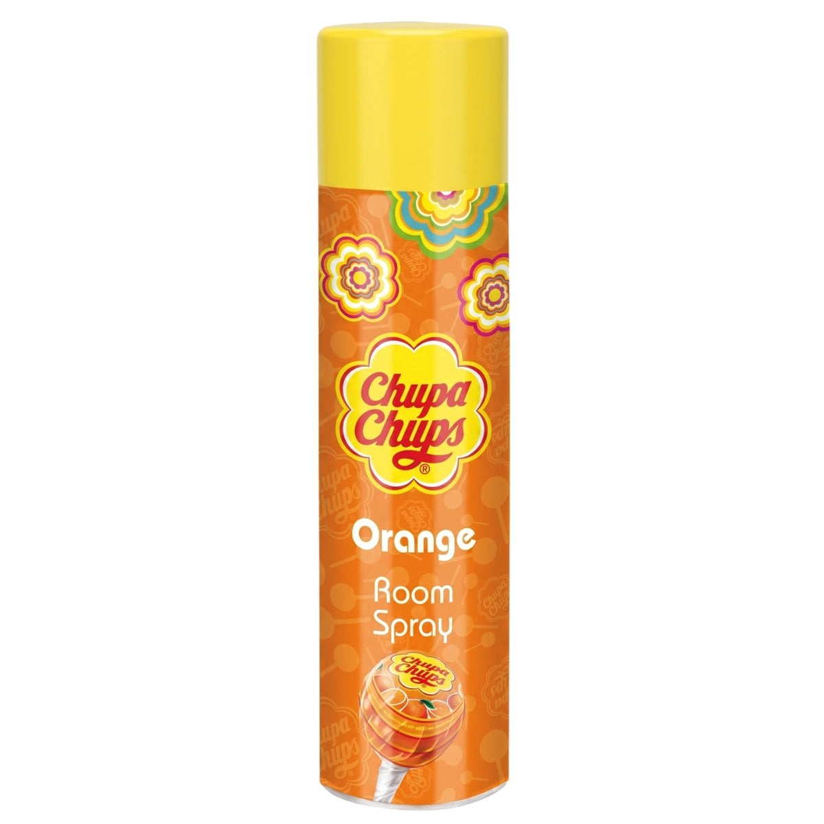 A 300ml can of Chupa Chups Orange Room Spray featuring a yellow cap and a vibrant, orange-themed label design.