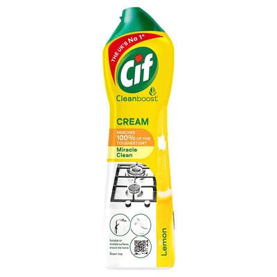 Cif Cream Cleaner Lemon Fresh 500ml comes in a yellow bottle with a green cap, features tough dirt removal and lemon fragrance, and displays a stovetop image on its label.