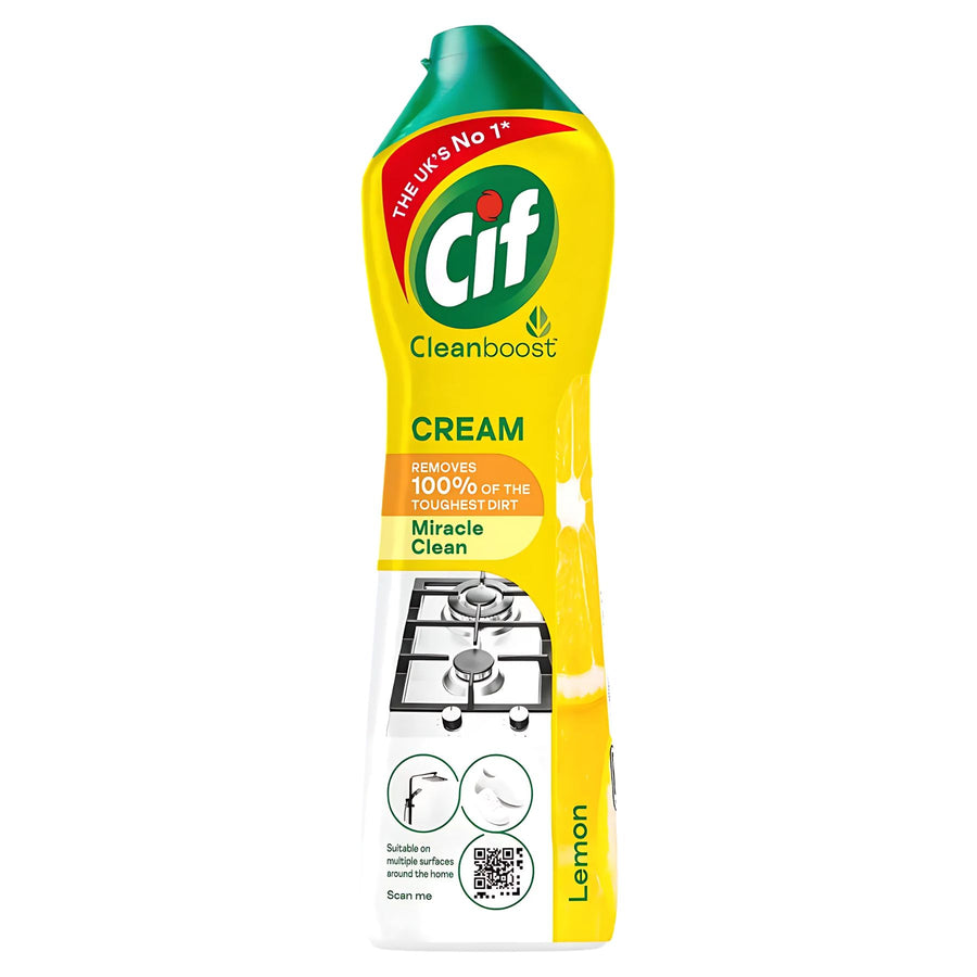 Cif Cream Cleaner Lemon Fresh 500ml comes in a yellow bottle with a green cap, features tough dirt removal and lemon fragrance, and displays a stovetop image on its label.