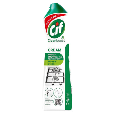 A 500ml bottle of Cif Cream Cleaner Original, with a green cap and a spotless stovetop image, promises deep cleaning for surfaces.